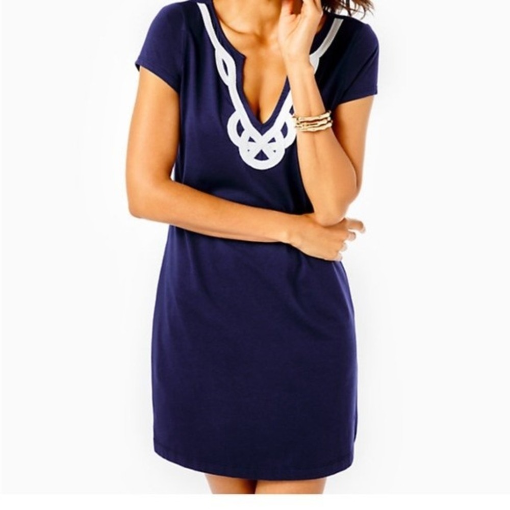 Lilly Pulitzer‎ Brewster Navy Blue Pima Cotton Soutache T-Shirt Dress XS Mini